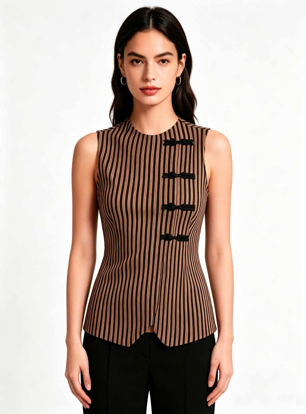 Haideyu women brown black vertical stripe sleeveless top front view, round neck blouse with black button detail, custom women fashion clothing, white studio background product photo
