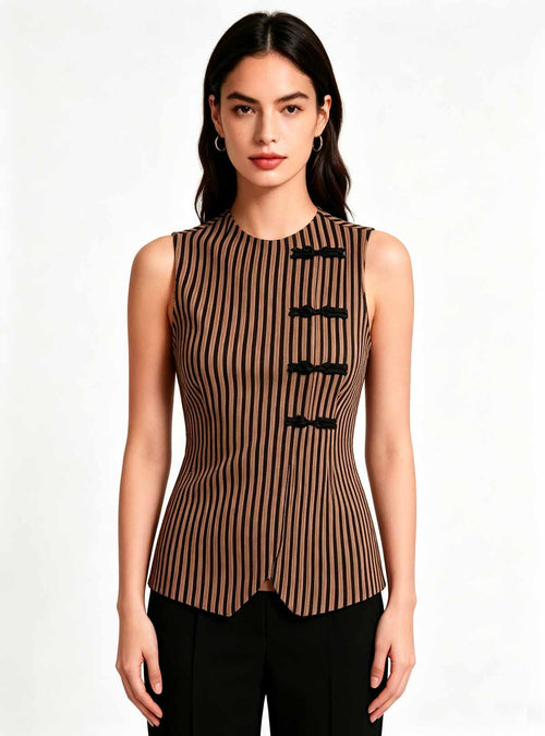 Haideyu women brown black vertical stripe sleeveless top front view, round neck blouse with black button detail, custom women fashion clothing, white studio background product photo