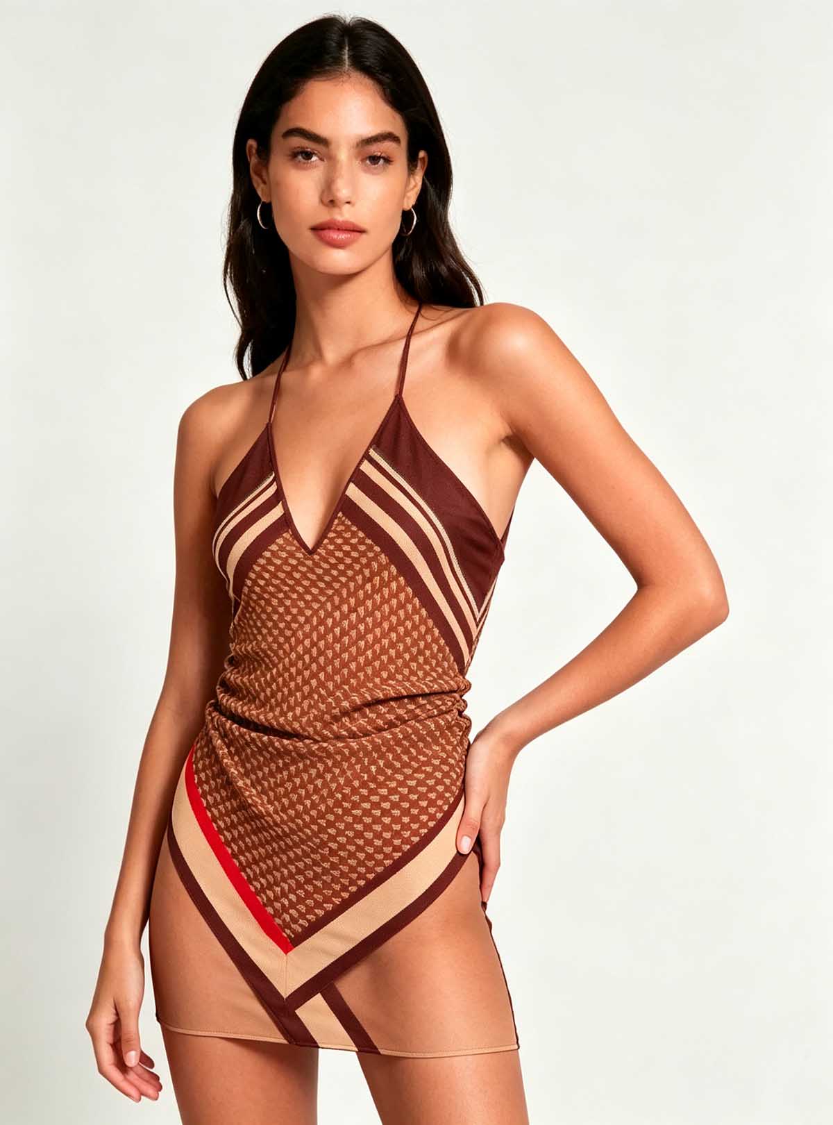Haideyu women brown geometric print halter dress side view, slim fit short bodycon outfit, custom-made women casual wear, clean white studio shot