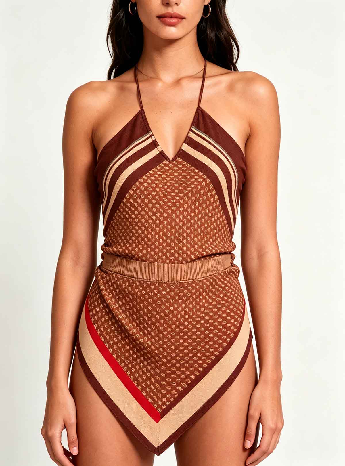 Haideyu women brown geometric print halter mini dress fabric detail view, close-up of stretch knit texture, neckline trim and waistband, custom women fashion clothing, white studio background product photo