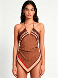 Haideyu women brown geometric print halter mini dress front view, sleeveless bodycon short dress, custom women party casual clothing, white studio background product photo