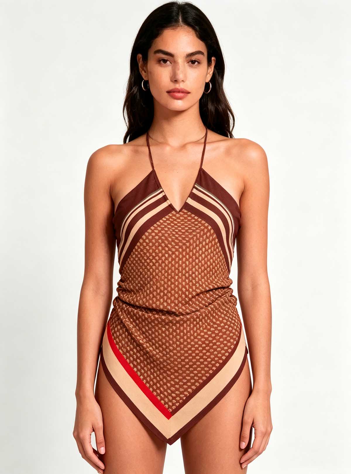 Haideyu women brown geometric print halter mini dress front view, sleeveless bodycon short dress, custom women party casual clothing, white studio background product photo