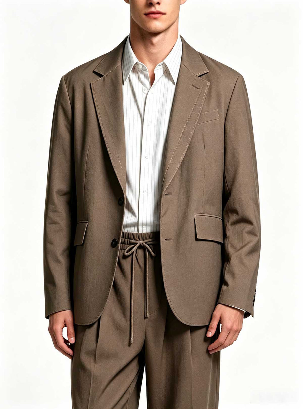 Haideyu women brown suit set fabric detail view, close-up of blazer texture, shirt weave, cuff stitching and waist drawstring detail, custom women business casual clothing, white studio background product photo