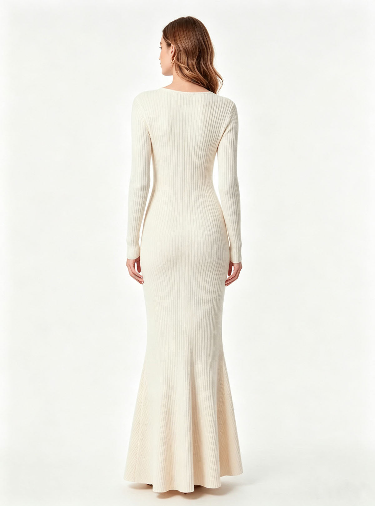 Haideyu women cream white knit mermaid dress back view, long sleeve elegant bodycon gown, custom women evening dress, high-definition studio product image