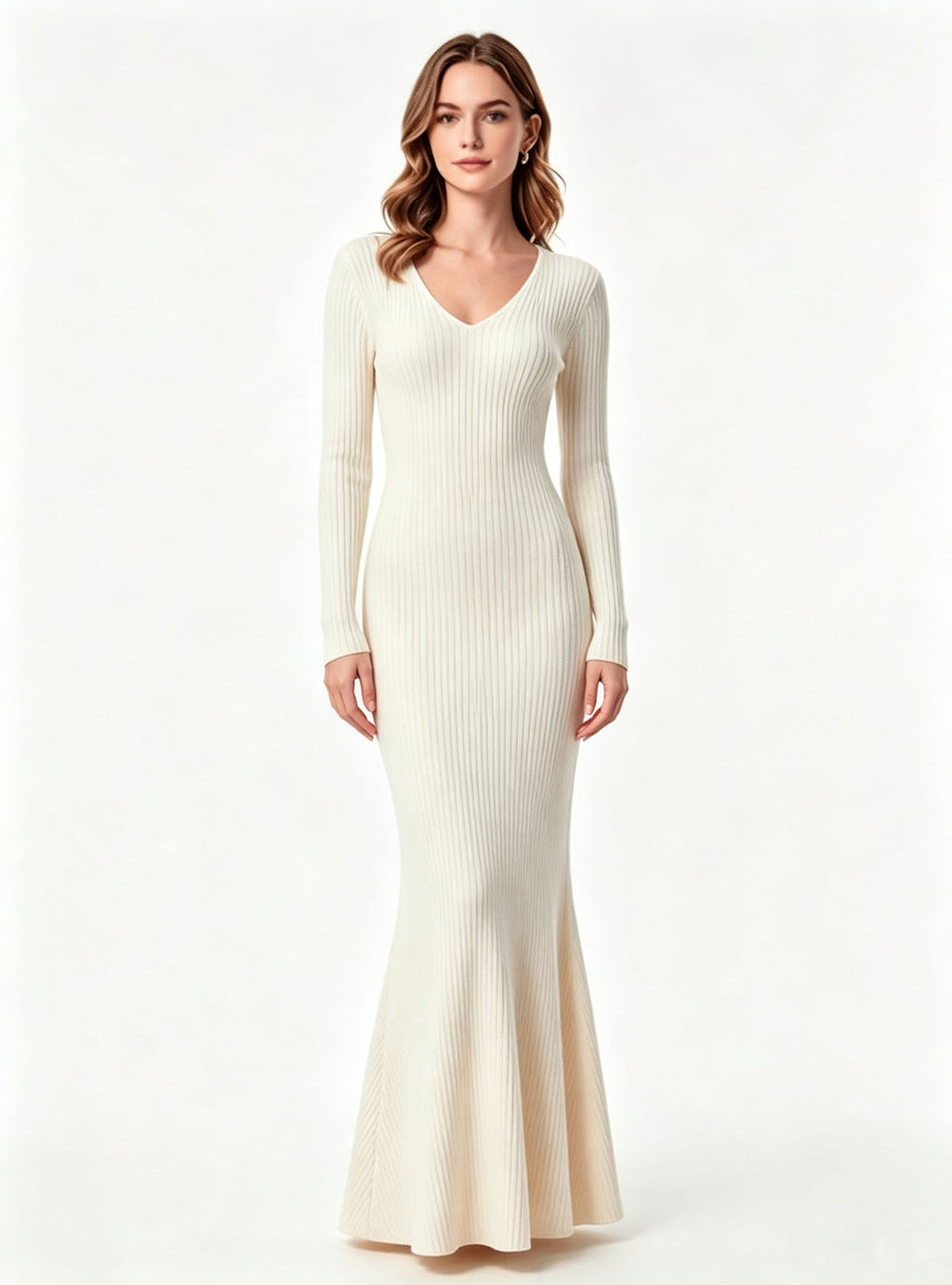 Haideyu women cream white long sleeve knit mermaid dress front view, elegant bodycon evening outfit, custom women formal knitwear, white studio background product photo