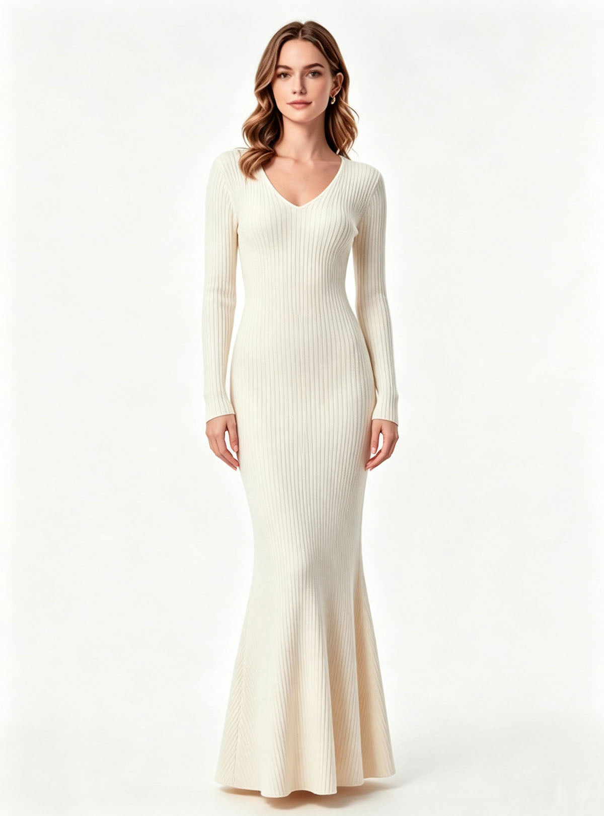 Haideyu women cream white long sleeve knit mermaid dress front view, elegant bodycon evening outfit, custom women formal knitwear, white studio background product photo