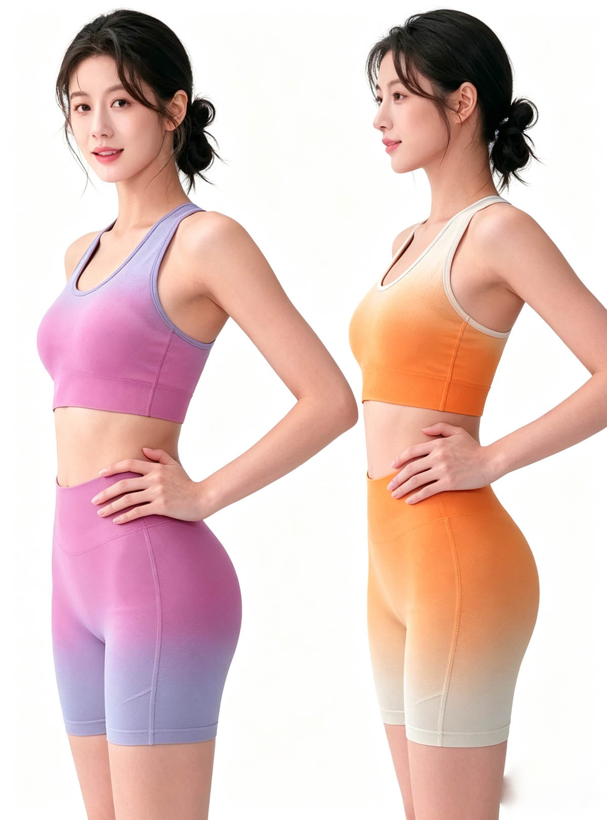 Haideyu women gradient activewear short set side profile, stretch‑fit racerback top and workout shorts, custom‑made women sportswear, clean white studio shot