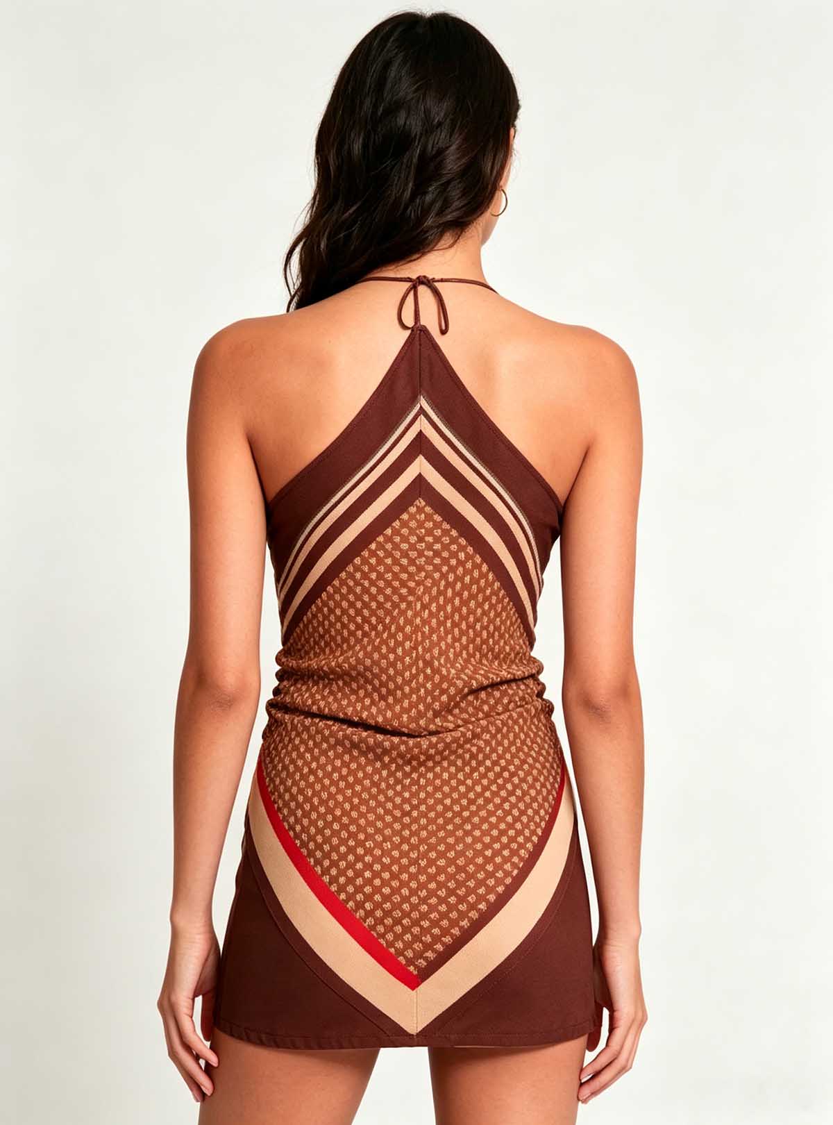Haideyu women halter mini dress back view, brown geometric print sleeveless bodycon short dress, custom women fashion apparel, high-definition studio product image
