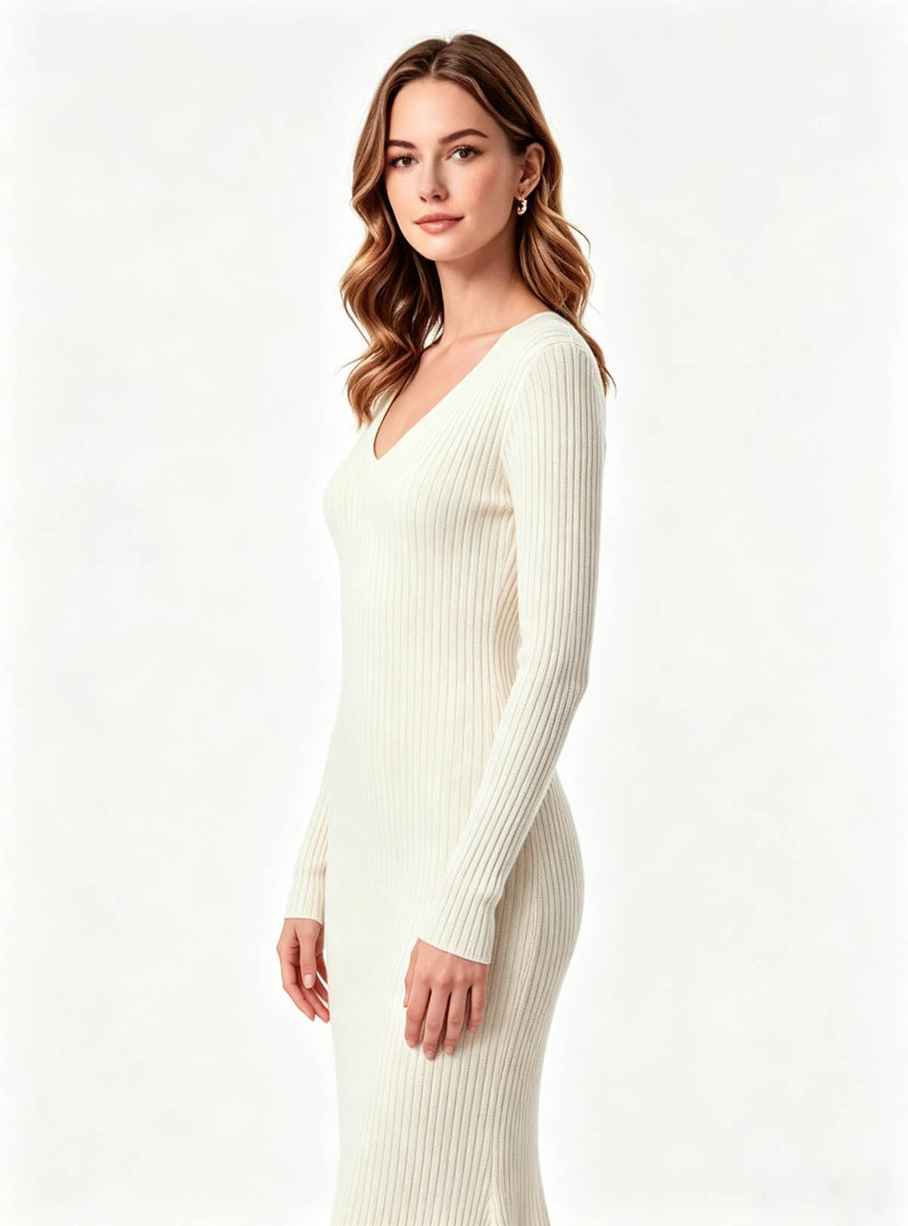 Haideyu women long sleeve knit mermaid dress side view, cream white elegant outfit, custom-made women formal knit dress, clean white studio shot