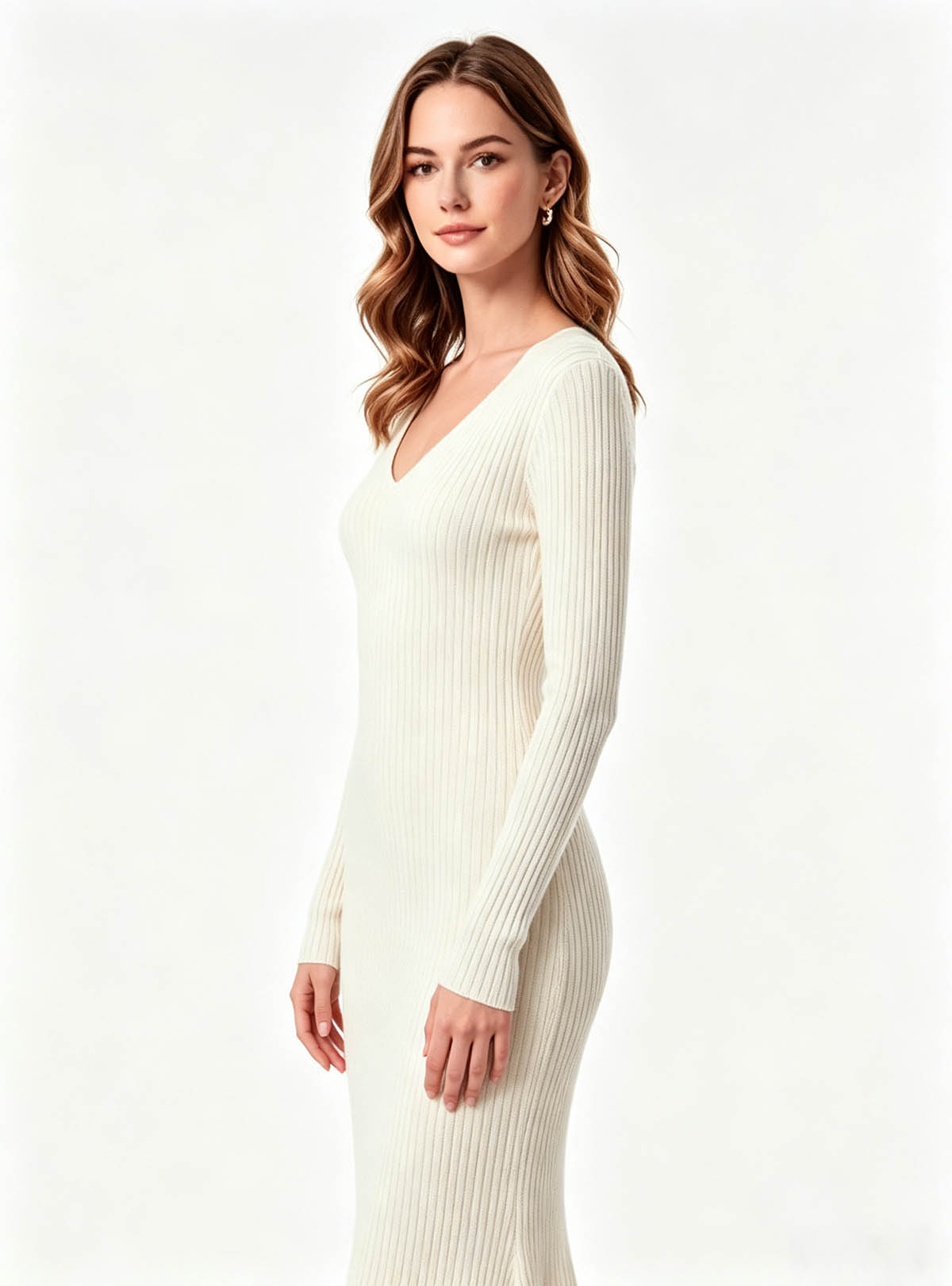 Haideyu women long sleeve knit mermaid dress side view, cream white elegant outfit, custom-made women formal knit dress, clean white studio shot