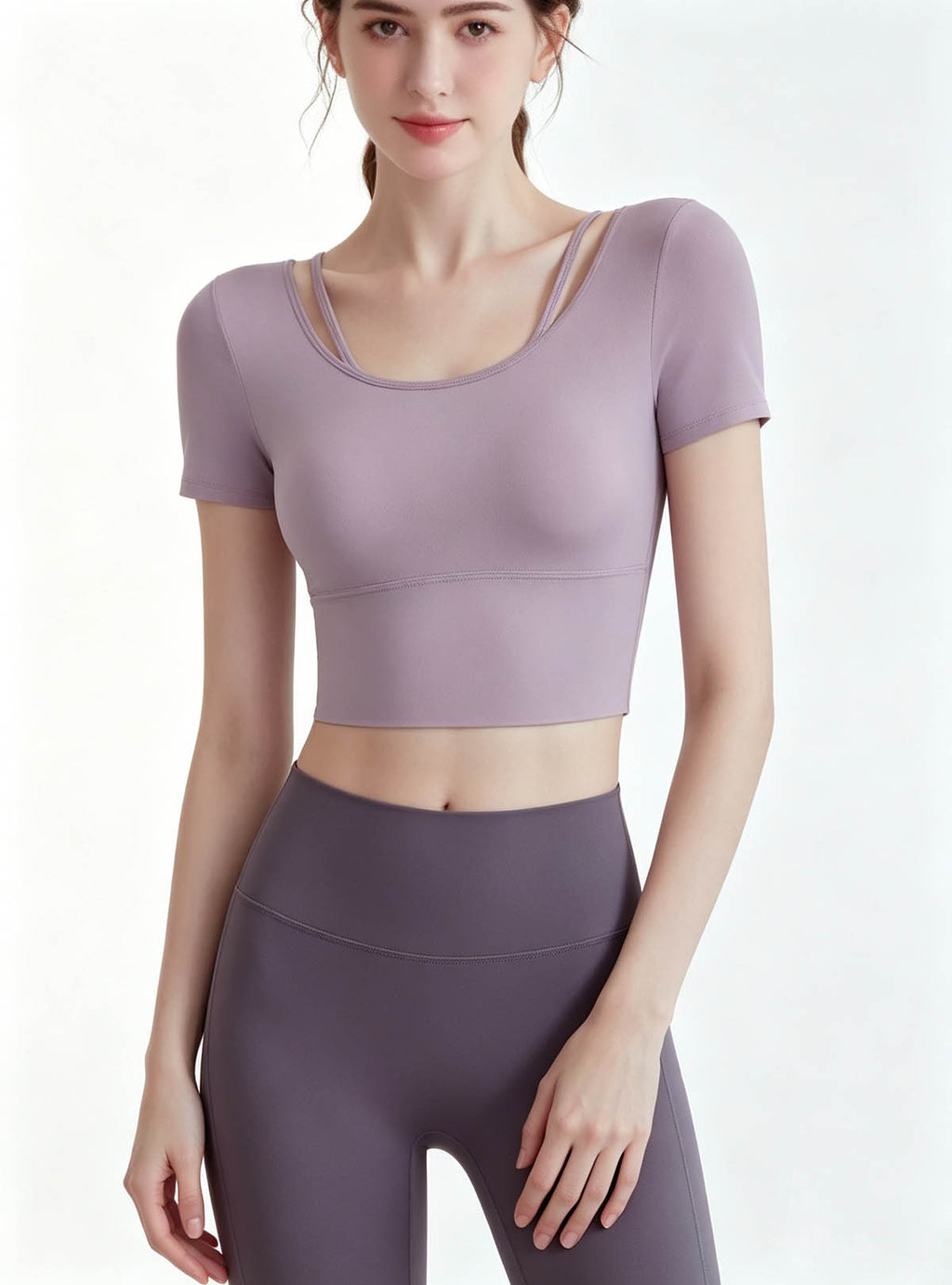 Haideyu women purple yoga two‑piece set, close‑up detail of neckline and soft stretch fabric, OEM ODM custom women activewear, white studio background
