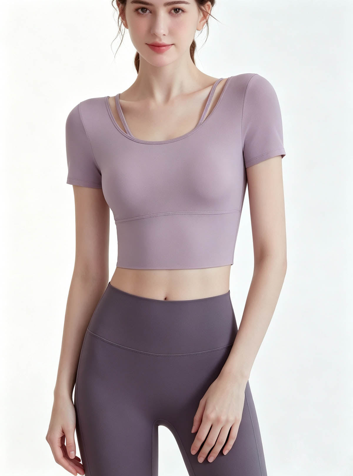 Haideyu women purple yoga two‑piece set, close‑up detail of neckline and soft stretch fabric, OEM ODM custom women activewear, white studio background