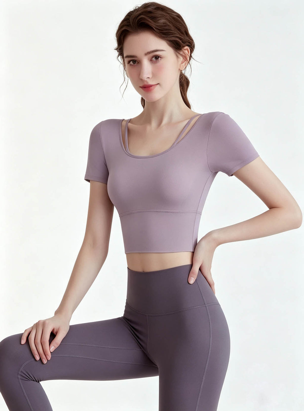 Haideyu women purple short‑sleeve yoga set side profile, stretch slim‑fit workout top and leggings, custom‑made women gym apparel, high‑definition studio shot
