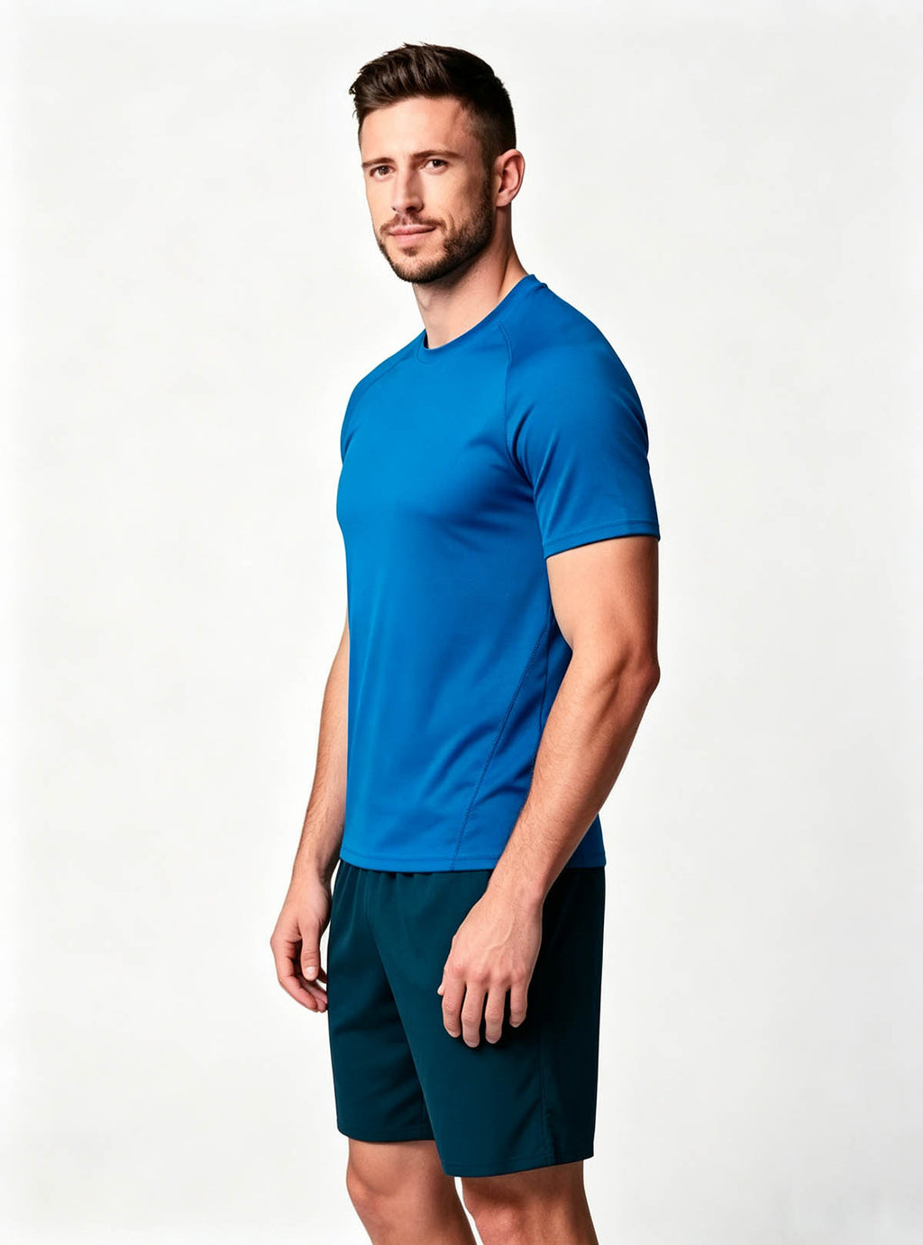Haideyu women short sleeve sportswear set side view, blue t-shirt and dark shorts, custom-made women activewear, clean white studio shot