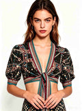 Haideyu women vintage geometric print tie‑front crop blouse, short puff sleeve wrap cropped top, custom OEM ODM women casual apparel, studio shot on white background