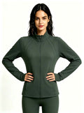 Haideyu custom deep green full zip yoga jacket front view, women slim fit thumb hole workout jacket OEM activewear, plain white studio background