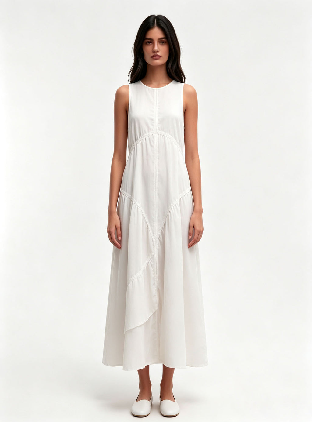 Haideyu Casual White Sleeveless Tiered Midi Dress, Loose‑fit Flowy Summer Dress, OEM Custom Apparel