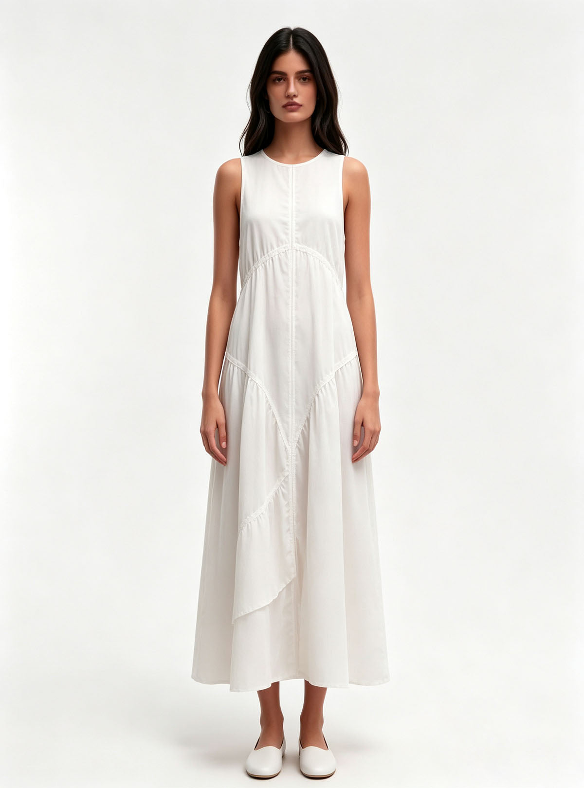 Haideyu Casual White Sleeveless Tiered Midi Dress, Loose‑fit Flowy Summer Dress, OEM Custom Apparel