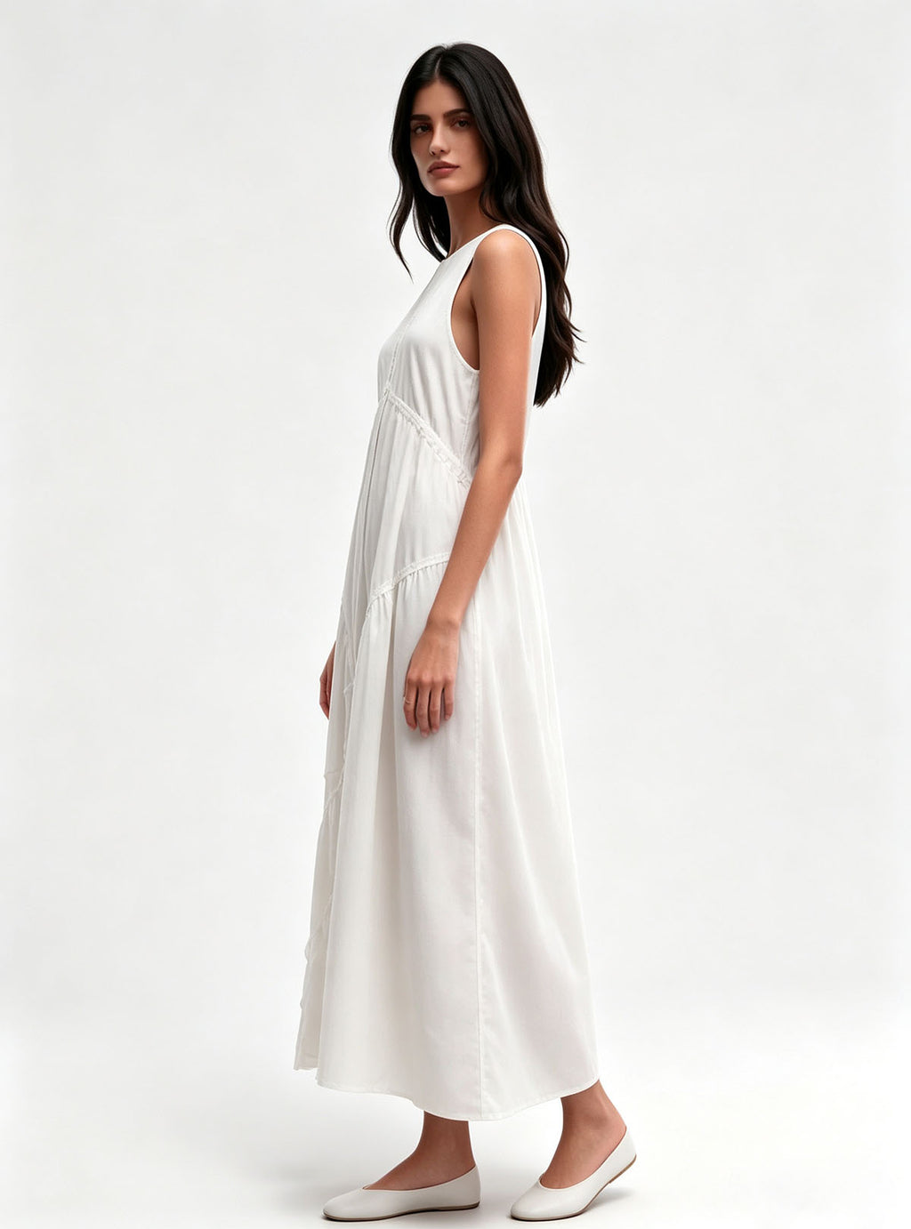 Haideyu Women's White Sleeveless Tiered Midi Dress, Flowy Casual Summer Dress, ODM Garment Manufacturing