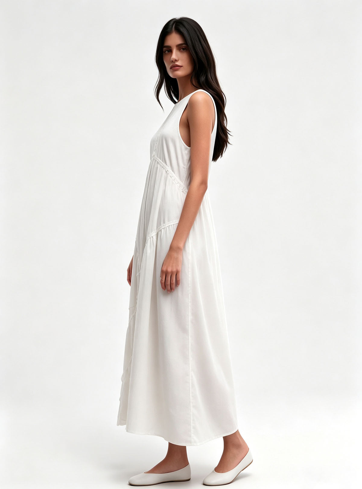 Haideyu Women's White Sleeveless Tiered Midi Dress, Flowy Casual Summer Dress, ODM Garment Manufacturing