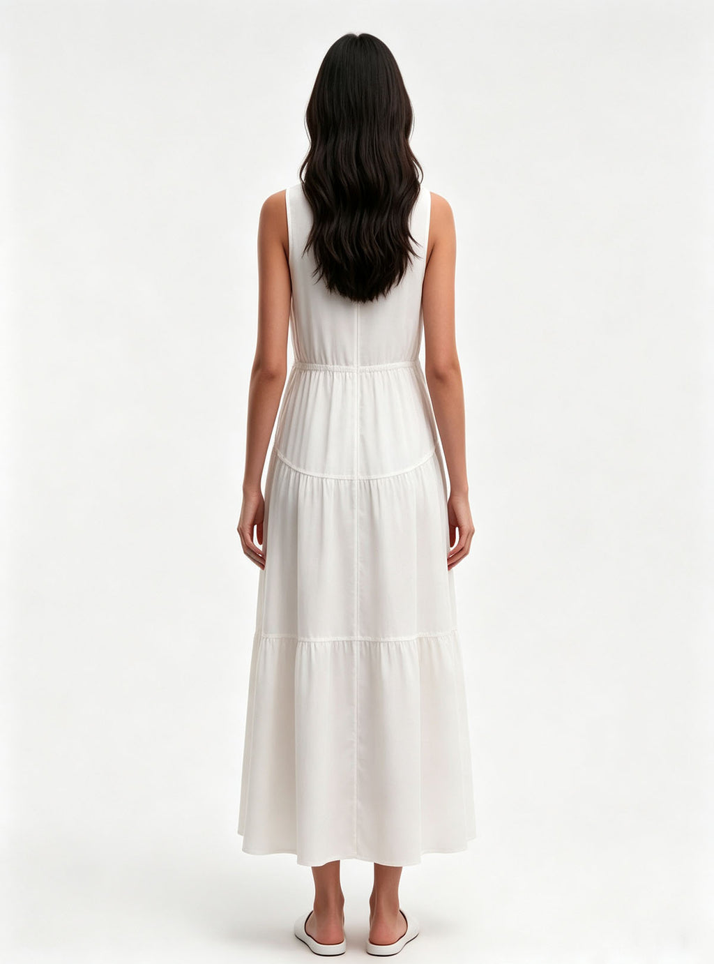 Haideyu White Sleeveless Tiered Midi Dress Back View, Ladies Loose Summer Custom‑made Dress