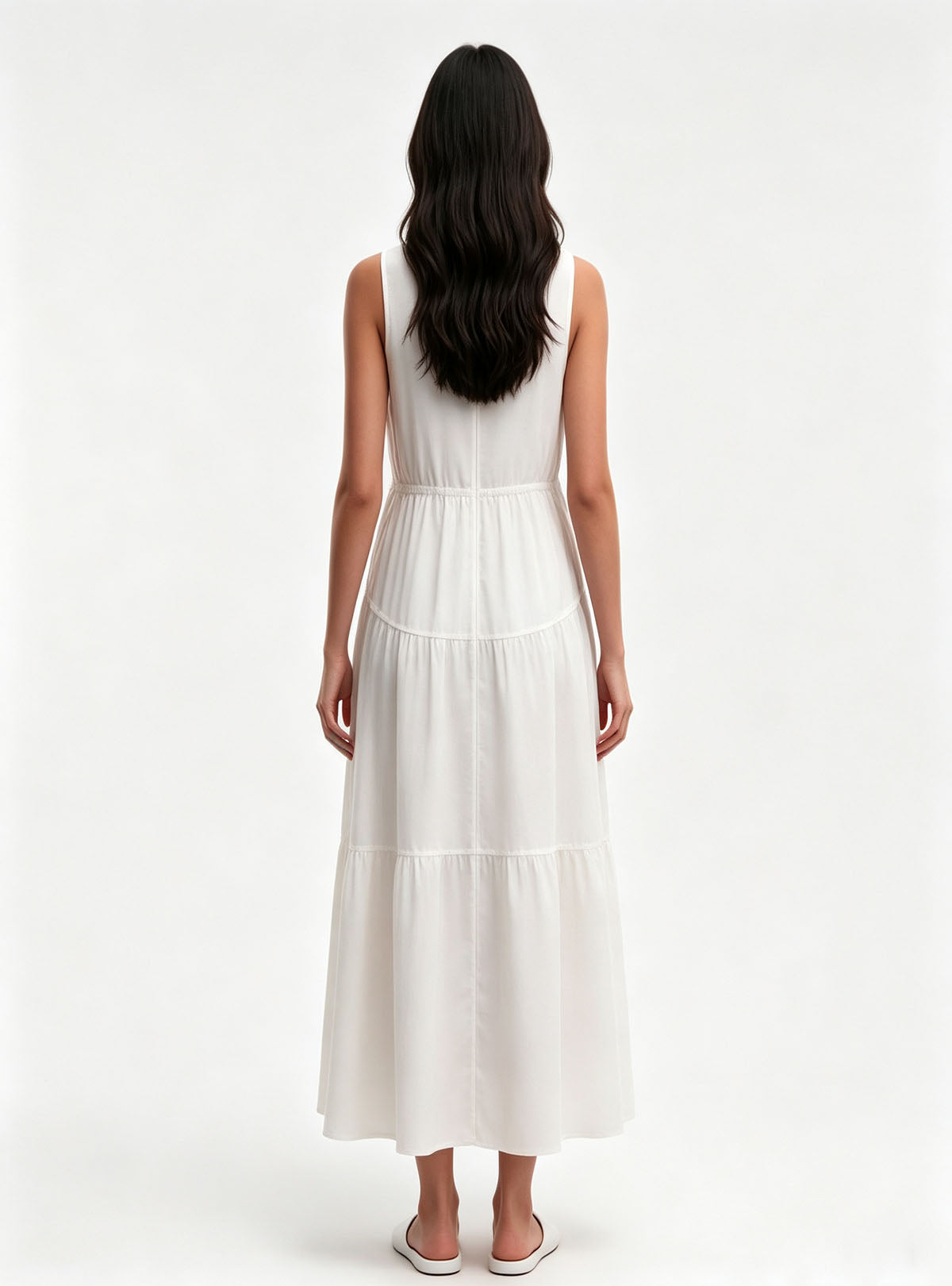 Haideyu White Sleeveless Tiered Midi Dress Back View, Ladies Loose Summer Custom‑made Dress