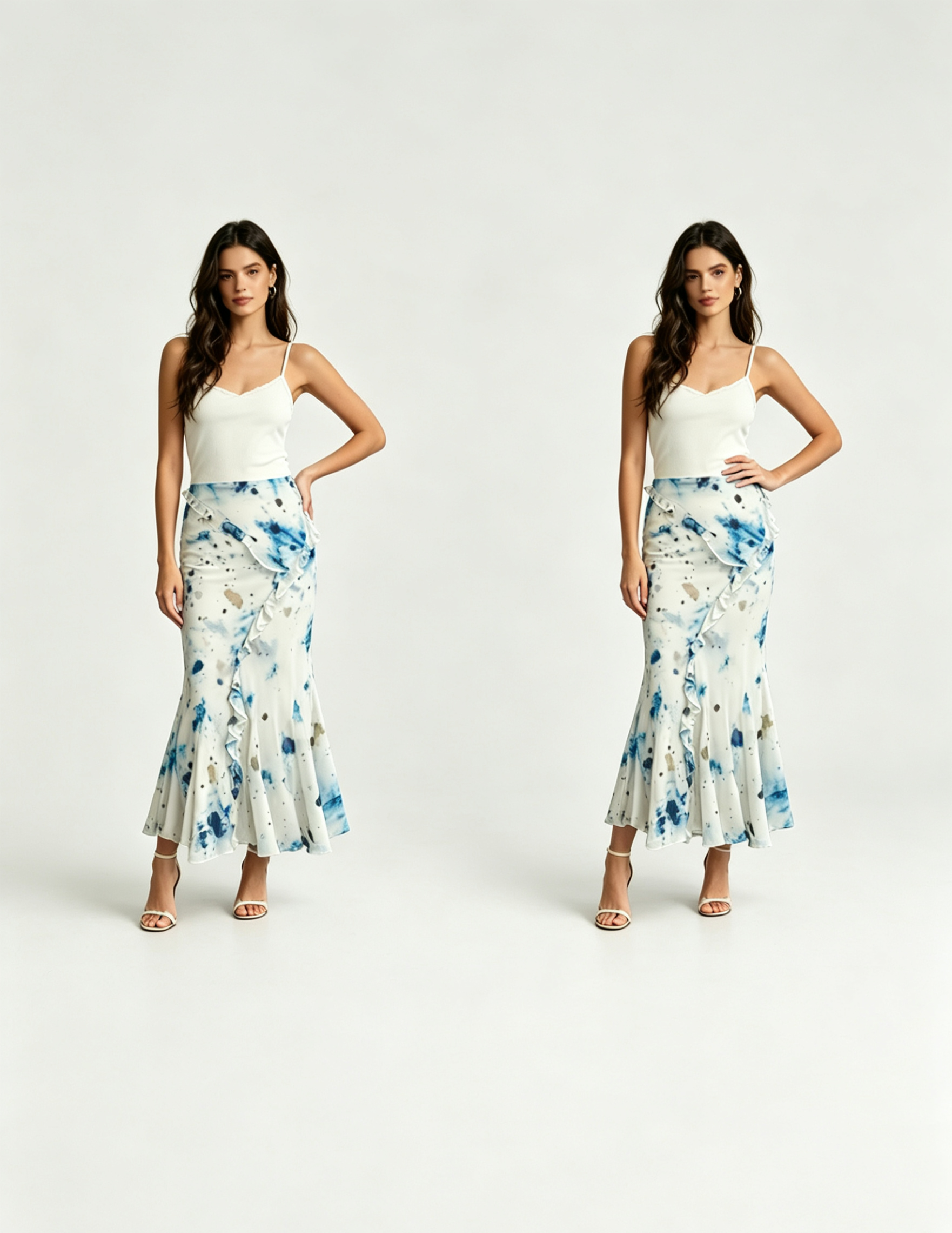 Hdfish blue ink splash print mermaid skirt on model with hand on hip