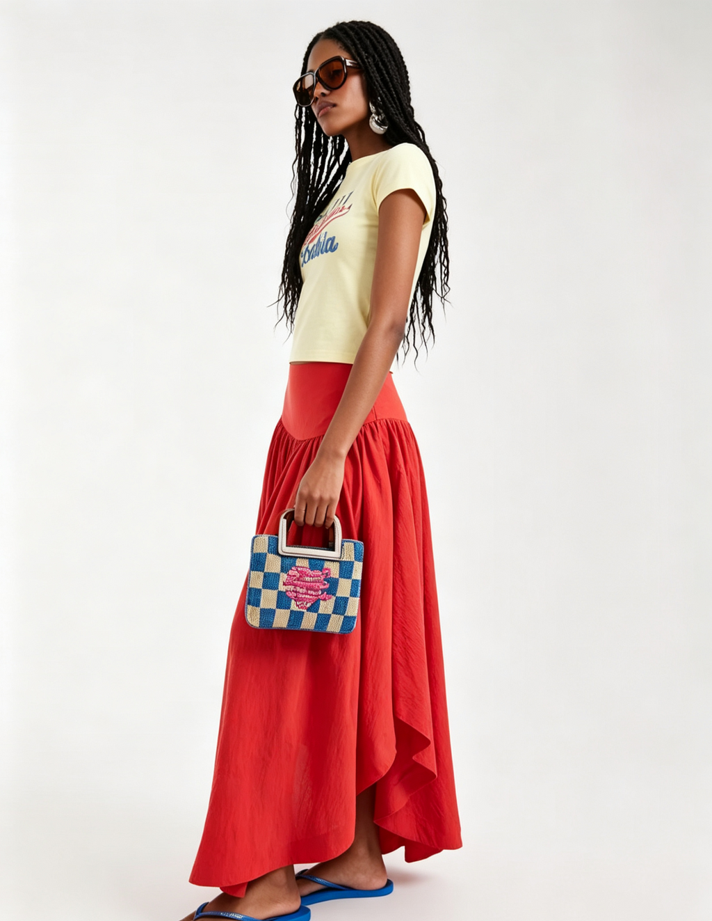 Hdfish Custom Made Flowy Gathered Maxi Skirt, red dropped waist design, elastic waistband, comfortable casual long skirt for daily wear, FOB service