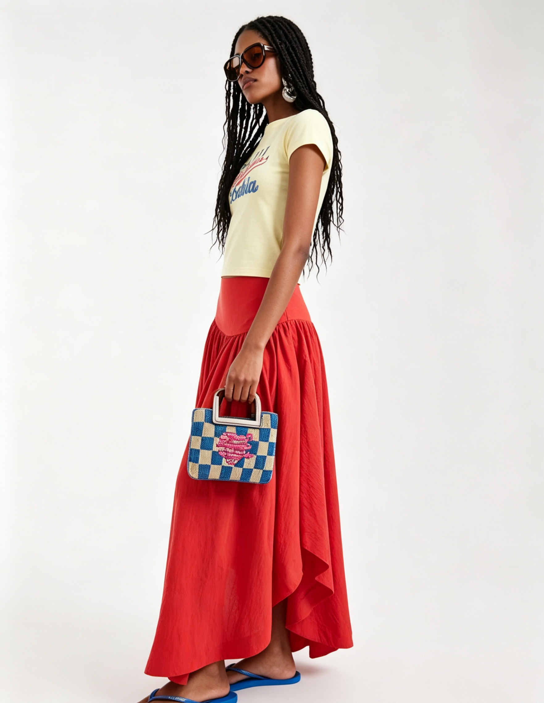 Hdfish Custom Made Flowy Gathered Maxi Skirt, red dropped waist design, elastic waistband, comfortable casual long skirt for daily wear, FOB service