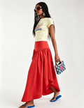 Hdfish Custom Dropped Waist Hitched Maxi Skirt, red flowy gathered long skirt with high elastic waistband, casual bohemian style for women, OEM ODM FOB service available