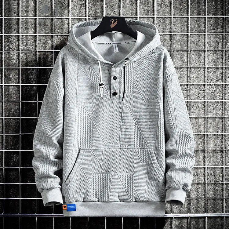 Light gray Hdfish geometric jacquard oversized hoodie, henley button neck kangaroo pocket design for men daily casual outfit
