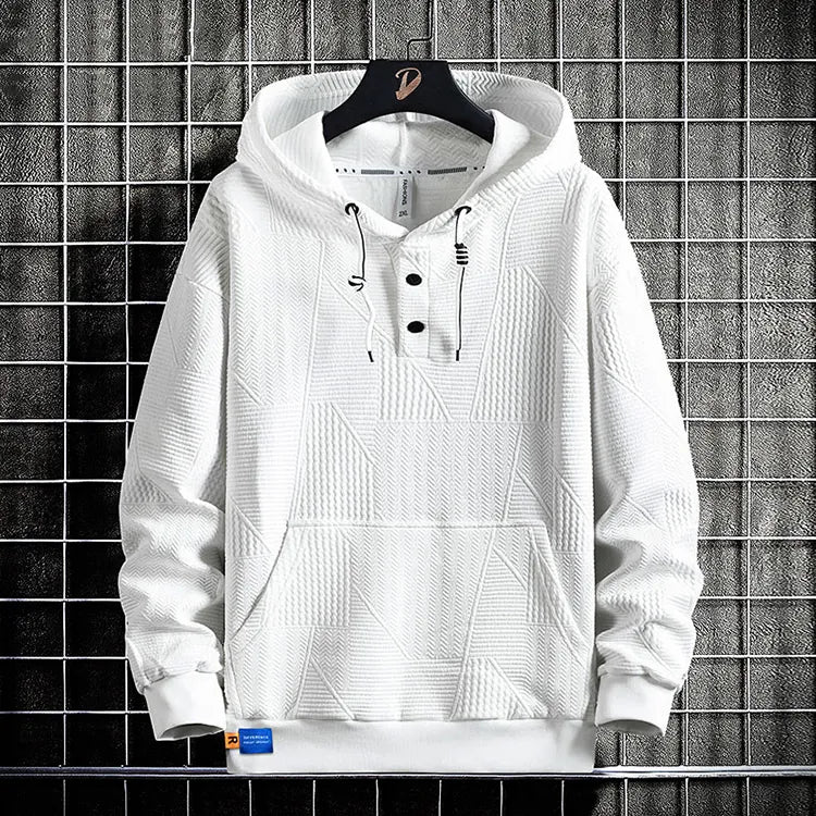 White Hdfish textured jacquard henley hooded sweatshirt, custom OEM men streetwear hoodie hung on wire mesh backdrop