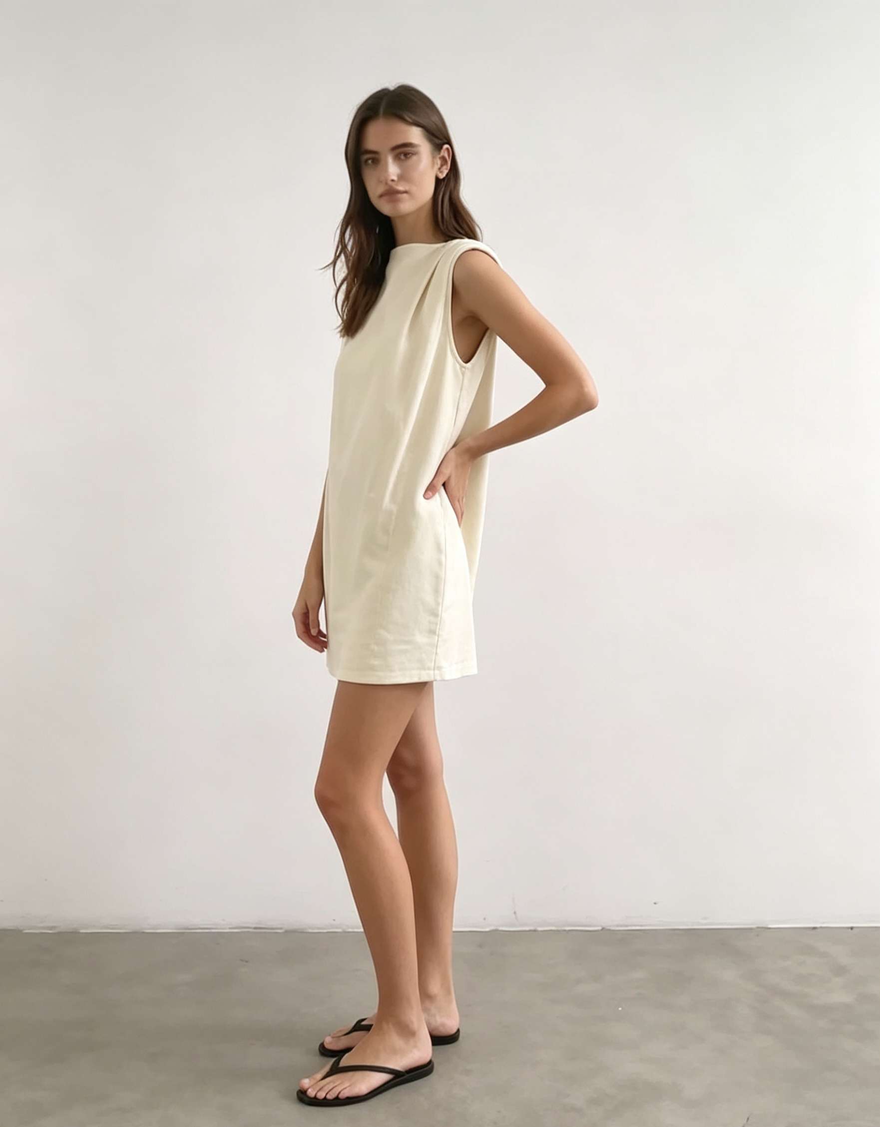Hdfish Cream Linen Mini Shift Dress, back view showing clean straight cut, linen-rich breathable fabric, everyday casual dress, bulk order 50 MOQ, Hdfish88@outlook.com