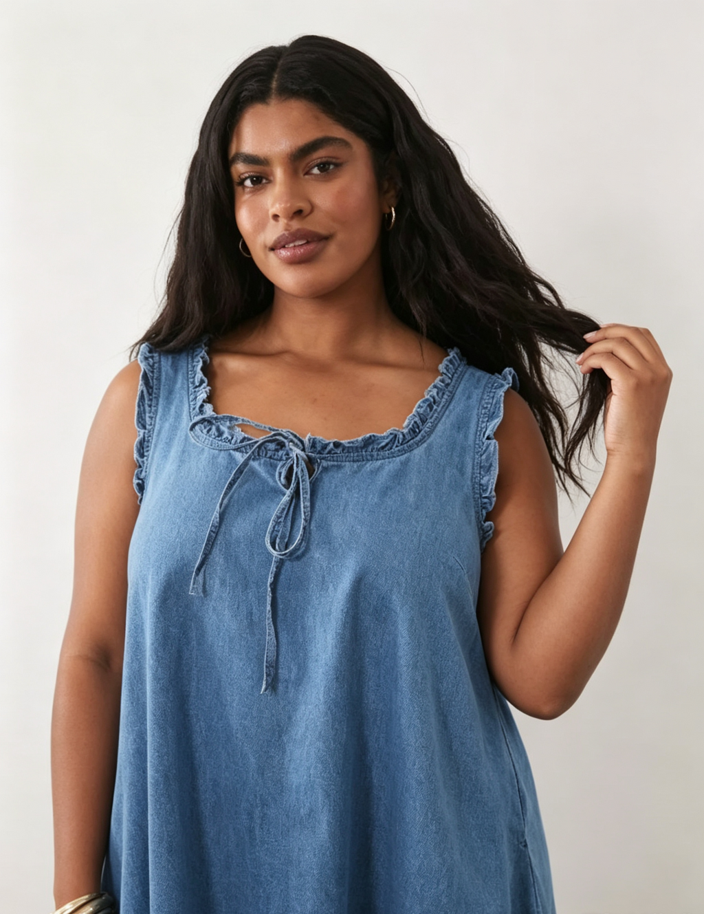  Hdfish Curve Denim Frill Mini Dress, back view showing relaxed fit and mini length, plus-size everyday denim dress, OEM/ODM bulk order, 50 MOQ, Hdfish brand