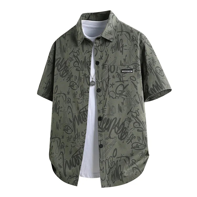 Hdfish army green graffiti printed loose fit short sleeve men shirt customizable ODM casual street top