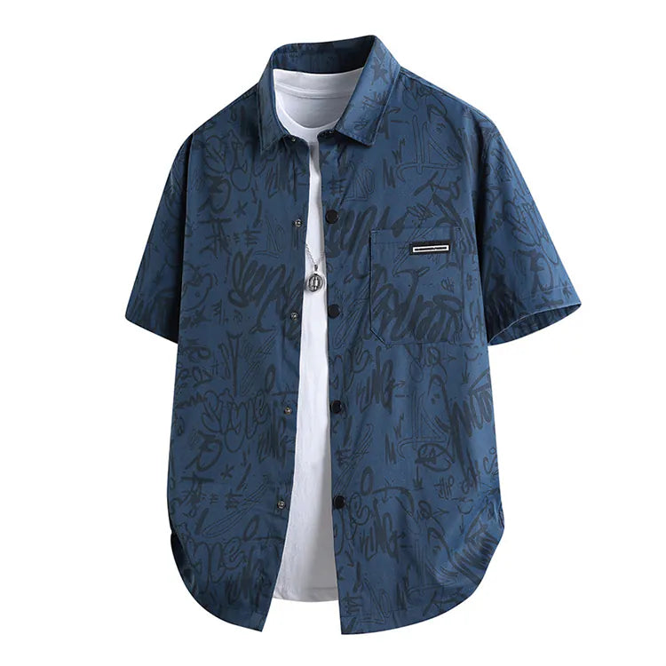 Hdfish navy blue allover graffiti letter print men loose short sleeve button down casual shirt custom OEM streetwear apparel