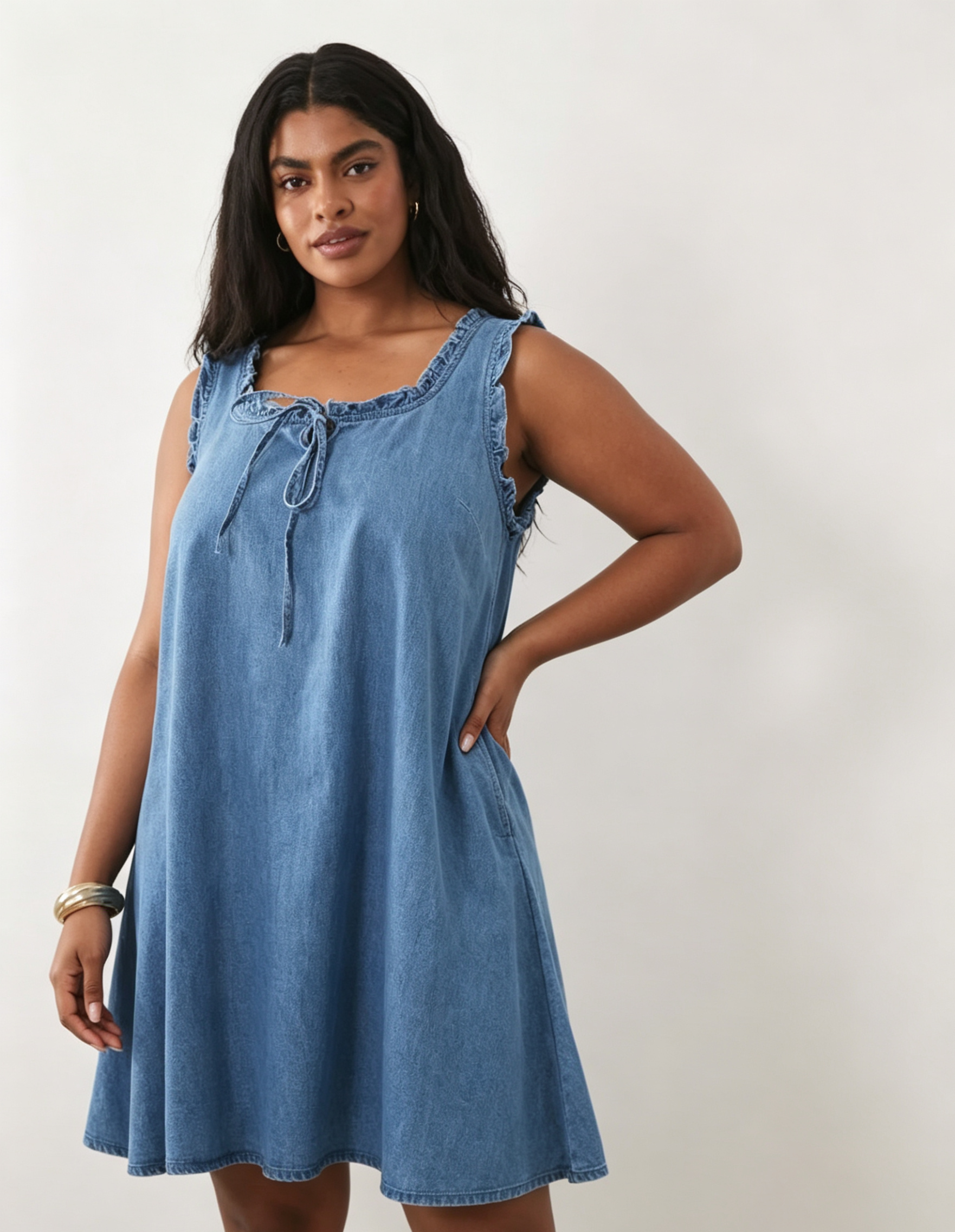  Hdfish Denim Frill Mini Dress, close-up view of tie-front neckline and ruffle armholes, plus-size casual dress, custom OEM/ODM available, FOB terms, Hdfish88@outlook.com