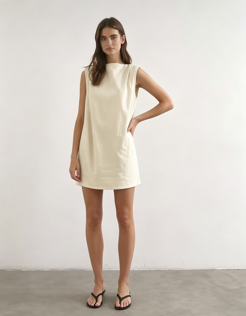  Hdfish Linen Rich Sleeveless Mini Shift Dress, front view in cream color, boat neck straight silhouette, lightweight casual summer dress, OEM/ODM custom, 50 MOQ, contact Hdfish88@outlook.com
