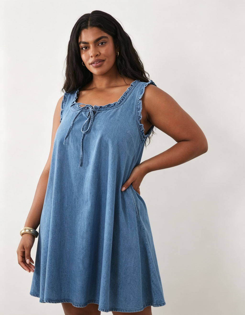 Hdfish Plus Size Denim Swing Dress, side view showing flowy silhouette and ruffle trim, lightweight casual mini dress, OEM/ODM customizable, free sample, Hdfish