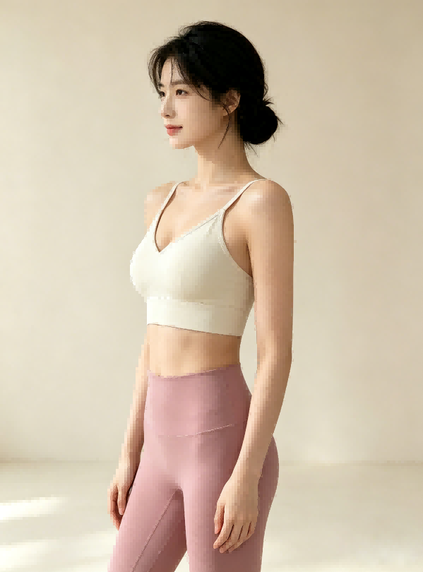 Outdoor fitness photo of beige V‑neck padded sports bra, casual cropped yoga top for custom OEM production