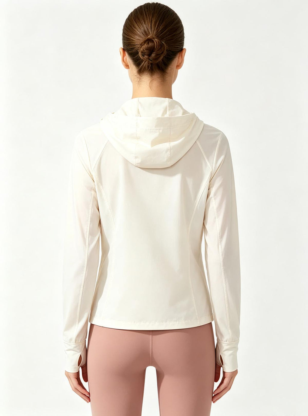 Haideyu OEM women lightweight UPF40 sun hooded jacket, full zip outdoor windbreaker, back full body shot on plain white studio background