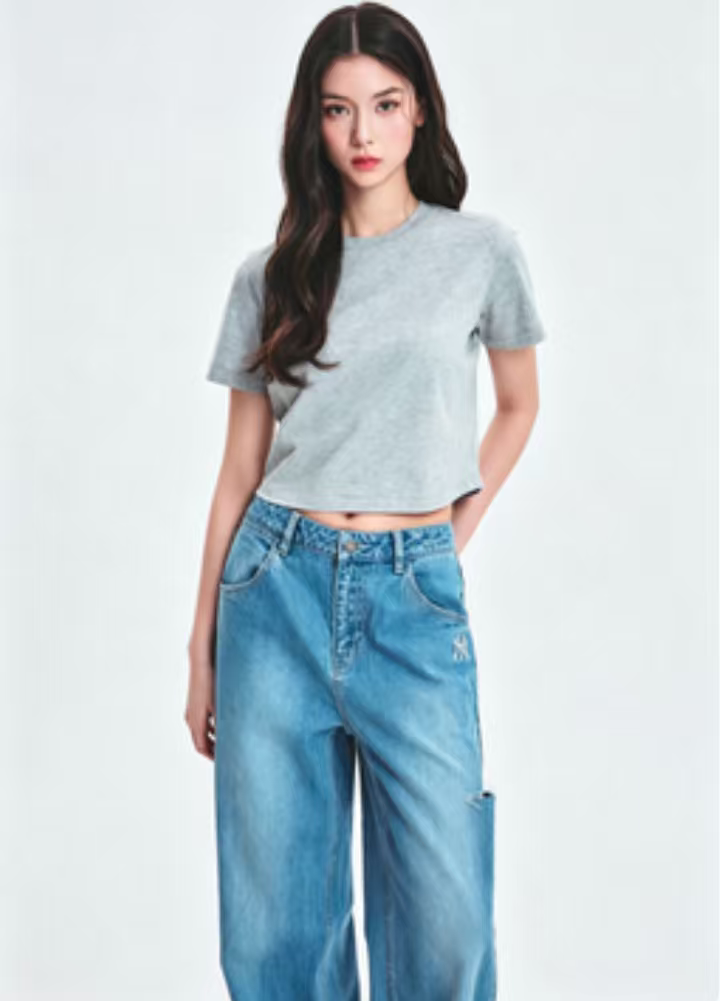 ODM Private Label Women Solid Cotton Crew Neck Crop Tee
