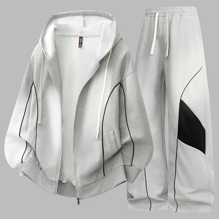 ODM personalized color spliced zip hoodie men matching tracksuit light grey variant flat showcase