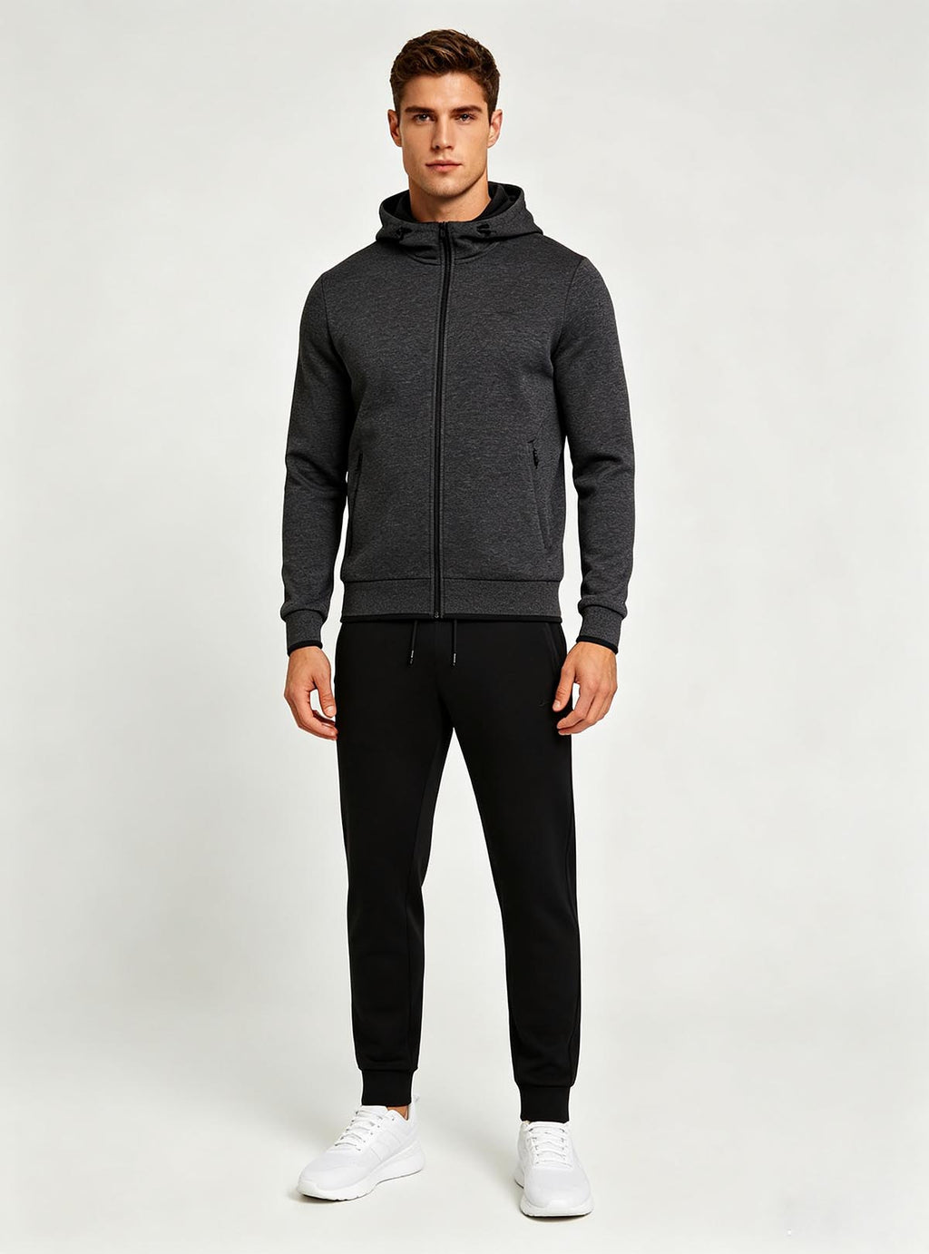 Alternative lightweight hooded jacket matching custom jogger pants side view, Haideyu OEM tailor-made men outdoor activewear FOB order customization