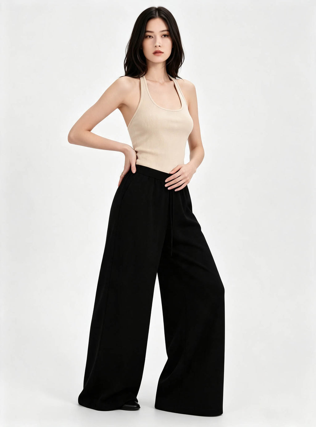 Haideyu Casual Two‑Piece Outfit, Beige Halter Neck Cropped Tank Top and Elastic Drawstring Black Wide‑Leg Trousers, Comfort Everyday Ladies Garment Private‑Label OEM ODM Manufacturing