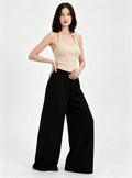 Haideyu Casual Two‑Piece Outfit, Beige Halter Neck Cropped Tank Top and Elastic Drawstring Black Wide‑Leg Trousers, Comfort Everyday Ladies Garment Private‑Label OEM ODM Manufacturing