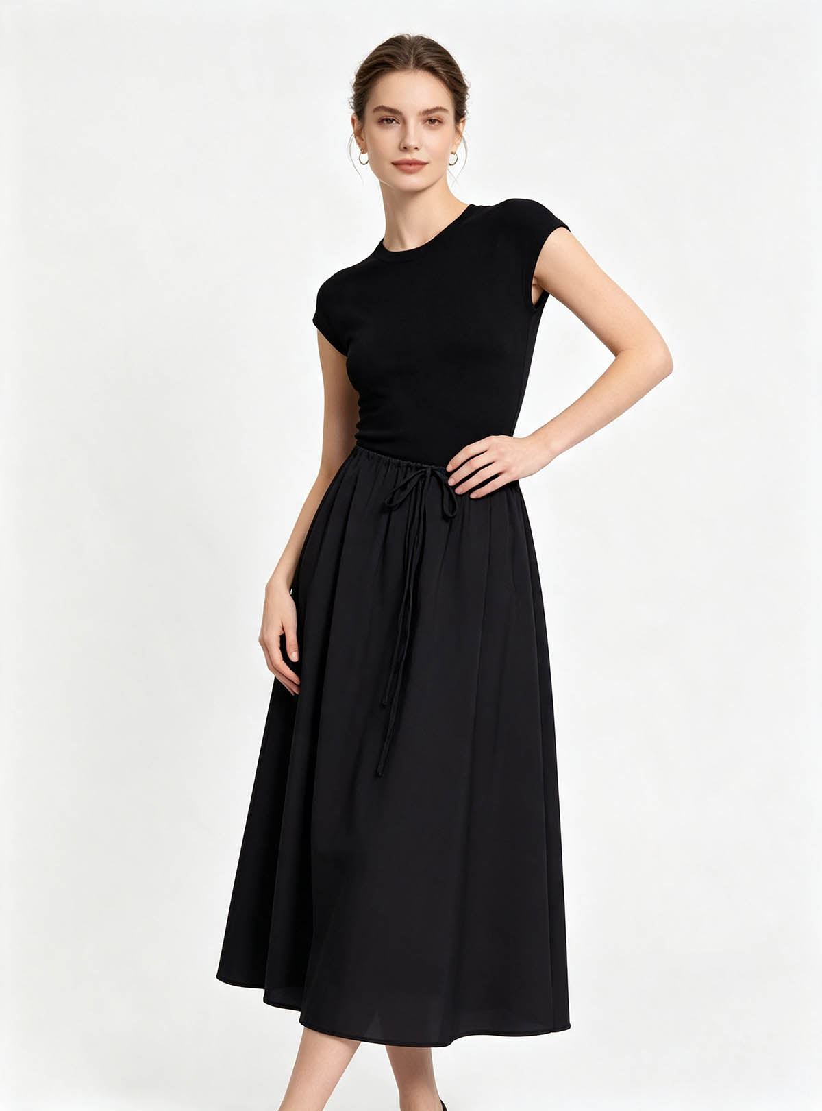 Haideyu Black Cap‑Sleeve Fitted Top and Drawstring Waist Flowy Midi Skirt Casual Two‑Piece Outfit, Custom Ladies Daily Apparel Private‑Label OEM ODM Manufacturing