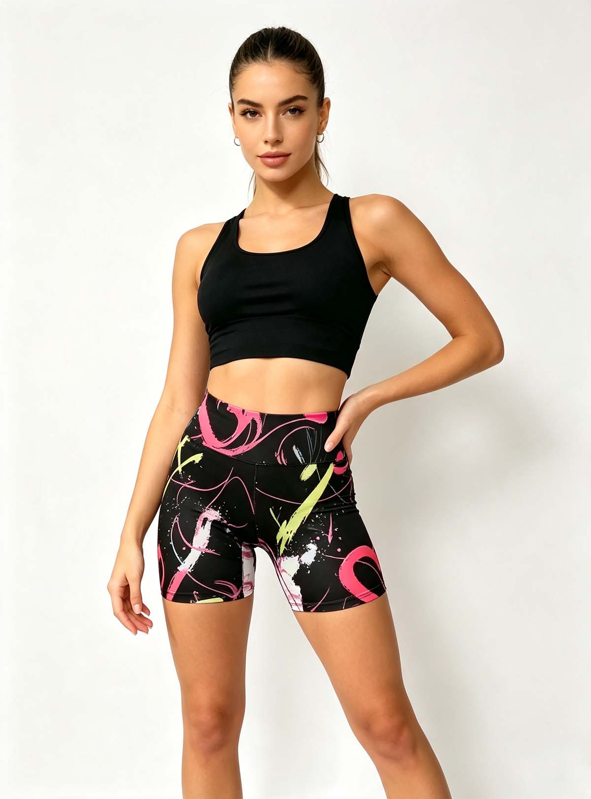 Haideyu women high‑waist biker shorts with colourful heart graffiti print, stretch fit athletic shorts, custom fitness bottoms OEM ODM apparel service