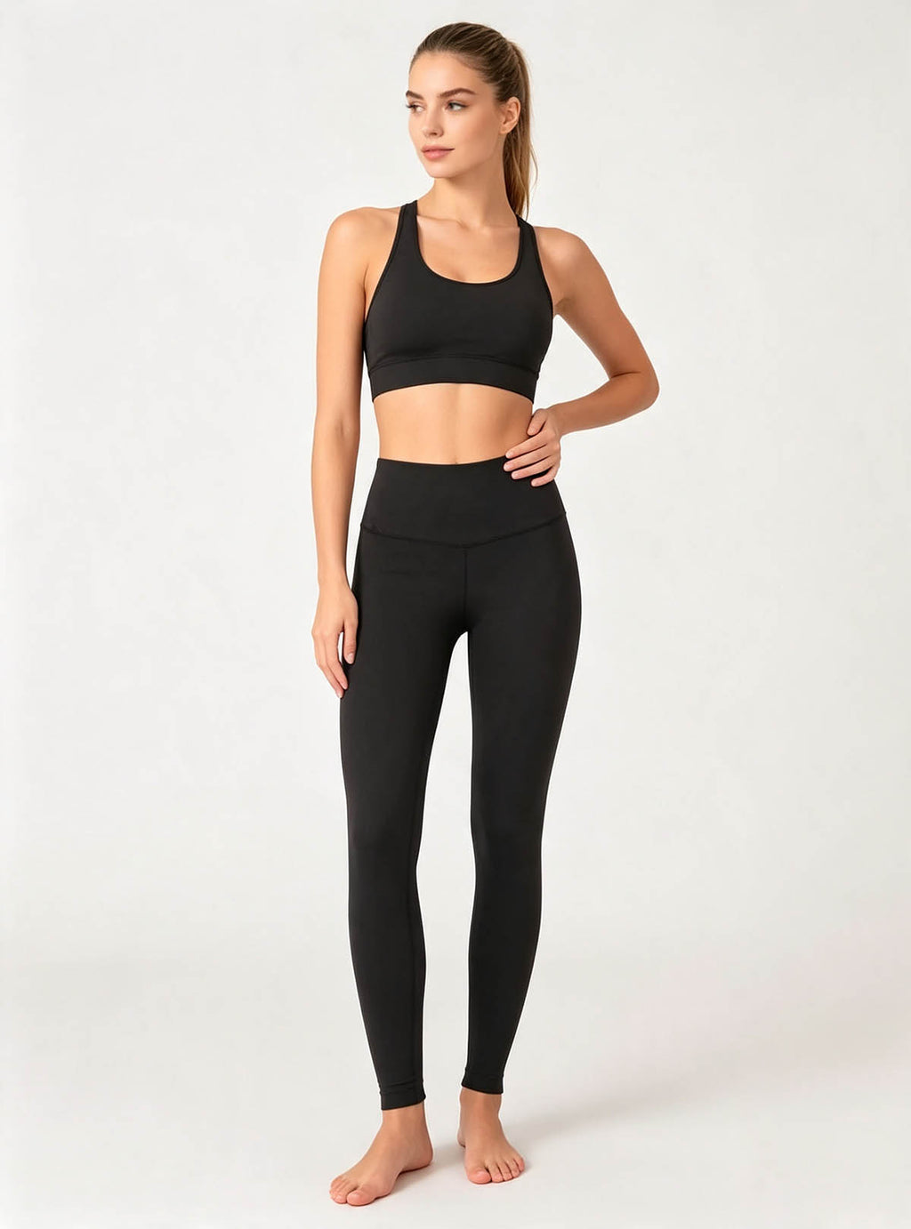 Haideyu High‑Waisted Solid Black Yoga Leggings, Front‑Facing Studio Shot, Flexible Women Gym Bottoms for Private‑Label OEM ODM Manufacturing