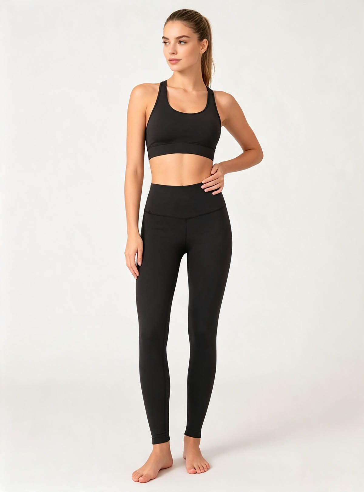 Haideyu High‑Waisted Solid Black Yoga Leggings, Front‑Facing Studio Shot, Flexible Women Gym Bottoms for Private‑Label OEM ODM Manufacturing